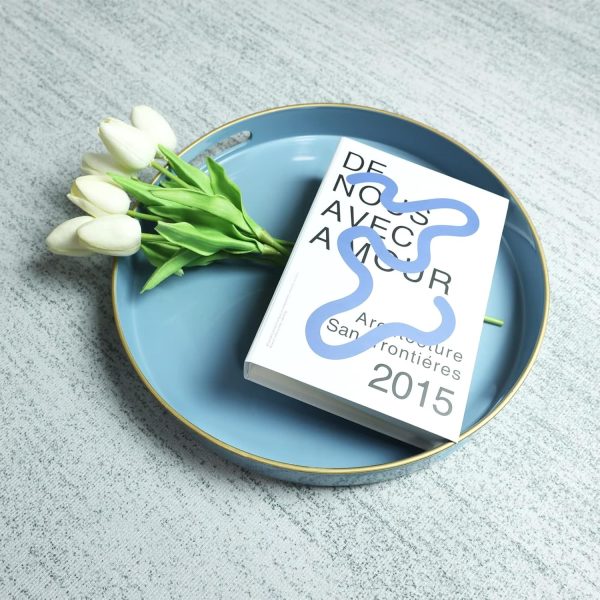 wholesale direct spsyrine round blue decorative tray, 13" plastic serving table tray with handles for breakfast, round modern ottoman tray for coffee table, bathroom, kitchen, living room bulk purchase at factory prices
