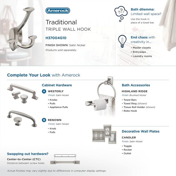 competitive pricing amerock h37004g10 | vicinity triple prong decorative wall hook | satin nickel hook for coats, hats, backpacks, bags | hooks for bathroom, bedroom, closet, entryway, laundry room, office one-stop wholesale