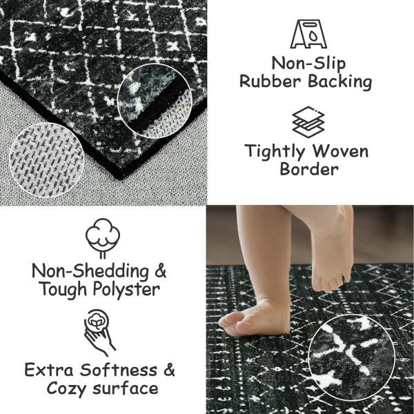 global sourcing beeiva moroccan washable entryway rug, vintage 2x3 rug non slip with rubberback, black thin geometric small rugs for entryway soft low-pile throw rugs for kitchen bathroom oem/odm services