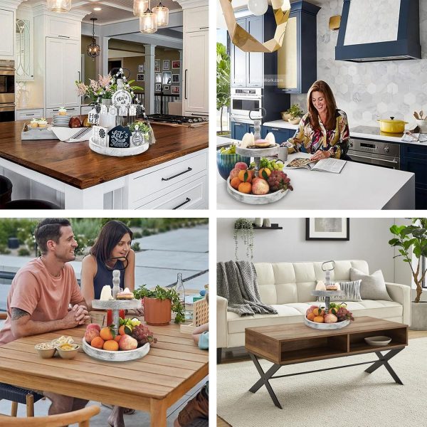 wholesale direct farmhouse 2 tiered tray stand for home decor, wooden serving tiered tray for coffee bar table centerpiece, decorative trays kit for countryside, round rustic stand for cake cupcake(white) bulk purchase at factory prices