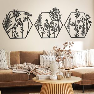 factory direct peryiter 3 pcs metal flower wall decor minimalist floral wall hanging decor flower metal wall art floral metal wall decor for living room, bathroom, kitchen indoor outdoor (black) volume discount
