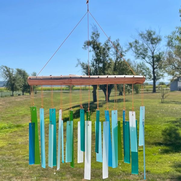 producer to buyer blue handworks seaglass & driftwood chime, sandblasted glass and found wood handcrafted wind chime discounted pricing