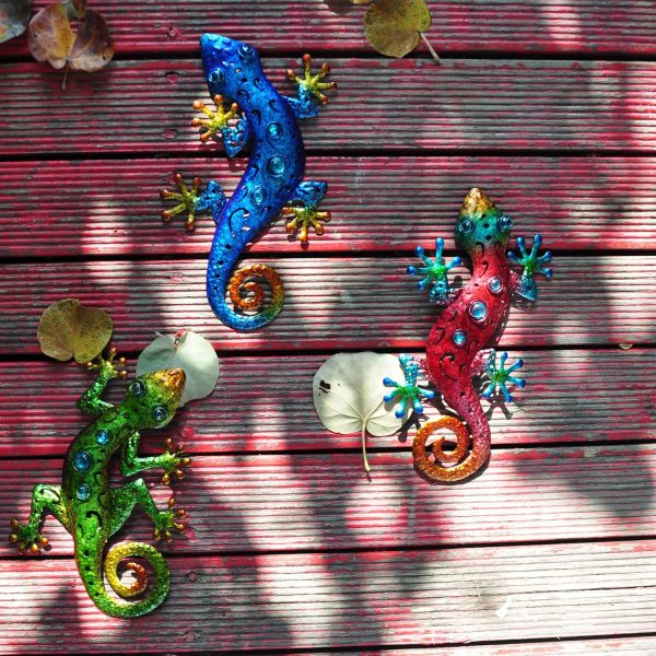 factory direct metal lizards outdoor decor metal gecko wall decoration geico lizard 13.5 * 8.5 inch 3 pack set suitable for hanging in yard or fence volume discount