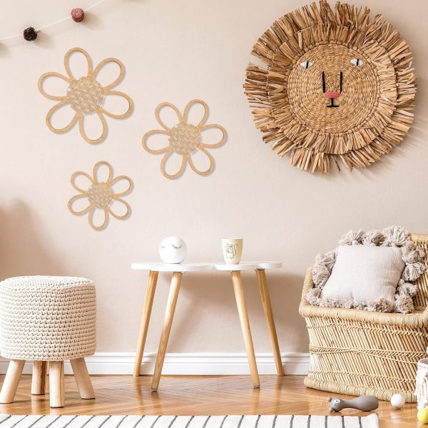 bulk purchase maitys 3 pieces boho daisy wall decor natural rattan flower wall hanging art wooden boho nursery flowers wall decor for home nursery(classic color) trade price
