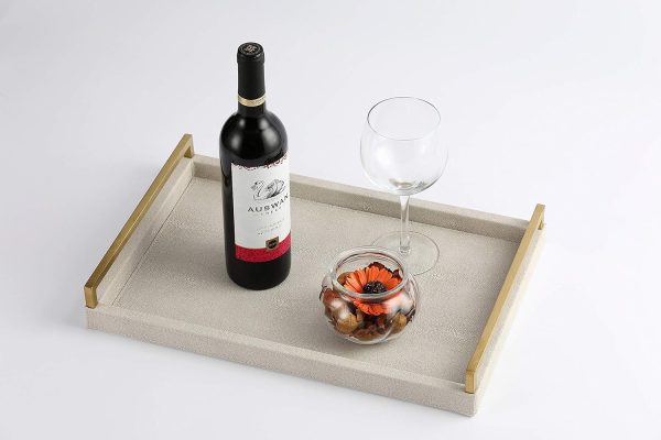 wholesale direct wv 17.8 * 11.8 “ ivory shagreen large serving tray, faux leather home decorative tray, coffee table ottoman tray with brushed gold stainless steel handle （ivory bulk purchase at factory prices
