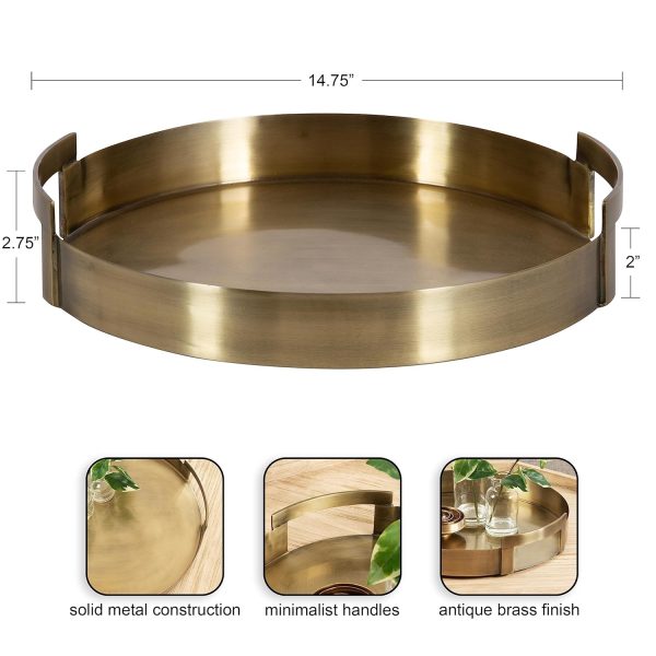 wholesale direct kate and laurel myo transitional metal round tray, 15 x 15, brass, modern glam circular decorative serving tray with handles for storage, display, and decor bulk purchase at factory prices