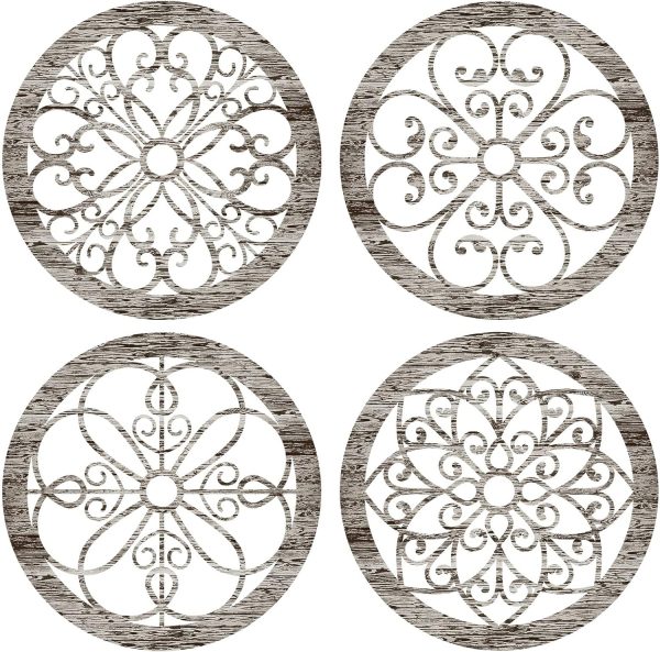 bulk purchase yulejo 4 pcs thicken rustic wall decor farmhouse wall art wooden hollow carved design decor rustic round wall art for living room bedroom hallway decor kitchen wall (retro white,9.8 x 9.8 inch) trade price
