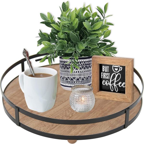 wholesale direct defined deco 12in decorative tray-round serving tray with metal handle-decorative trays for home decor,living room decor,coffee table decor,rustic wooden tray for kitchen table decor,dining table. bulk purchase at factory prices