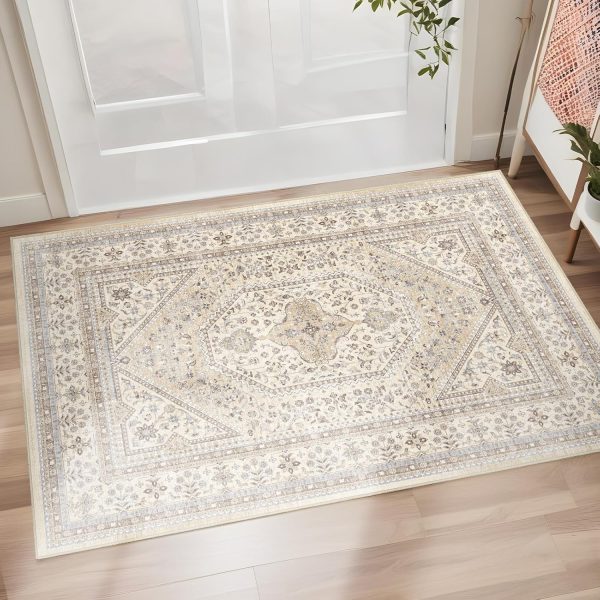 global sourcing washable entryway 2x3 rug: small boho rugs for indoor entrance non slip backing stain resistant carpet low pile throw rugs for bedroom bedside inside front door floor kitchen decor(beige,2x3ft) oem/odm services