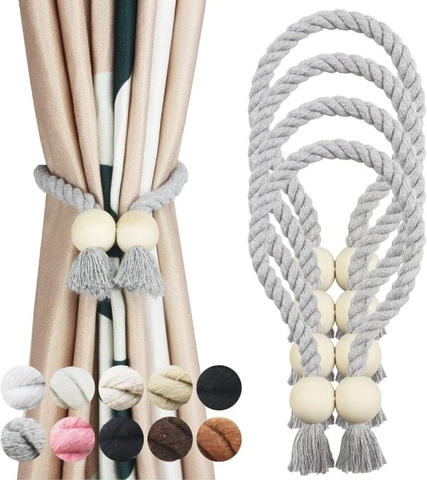 bulk purchase 4 pack grey magnetic curtain tiebacks cotton hand woven tieback holdback decorative tie backs for drapes with wooden buckle no tools required factory discount