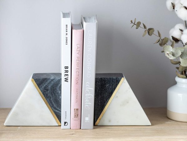 supplier direct cork & mill marble book ends for shelves, decorative bookends for heavy books, unique mid century modern gray and white bookends with brass inlay, heavy duty bookshelf stopper, set of 2 wholesale prices