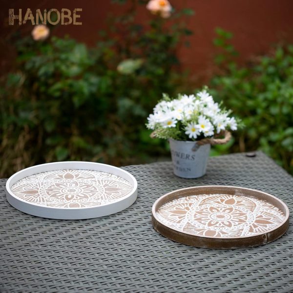 wholesale direct hanobe decorative serving tray round: farmhouse coffee table tray for ottoman boho wooden centerpiece rustic white washed mandala home decor living dining room kitchen counter display bulk purchase at factory prices