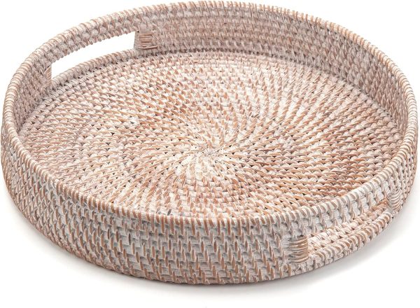 wholesale direct coffee table tray round rattan ottoman tray woven serving trays with handles for home and kitchen decorative white (large 14 inch x 2.8 inch) bulk purchase at factory prices