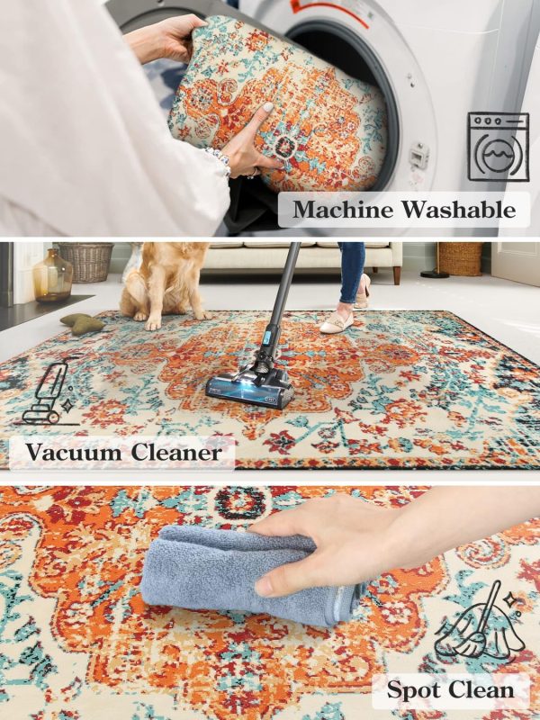 global sourcing lahome bohemian floral medallion area rug - 2x3 oriental distressed small bath rug country vintage doormat faux wool non-slip washable low-pile carpet for bathroom kitchen laundry room decor oem/odm services
