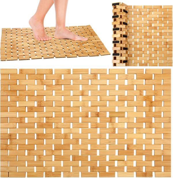 manufacturer direct 2 pcs bamboo shower mat wood bath mat bathroom bamboo rug non slip waterproof wooden shower mat with nonskid silicone pads for bathroom floor spa bathtub kitchen(24 x 16 inches) trade price