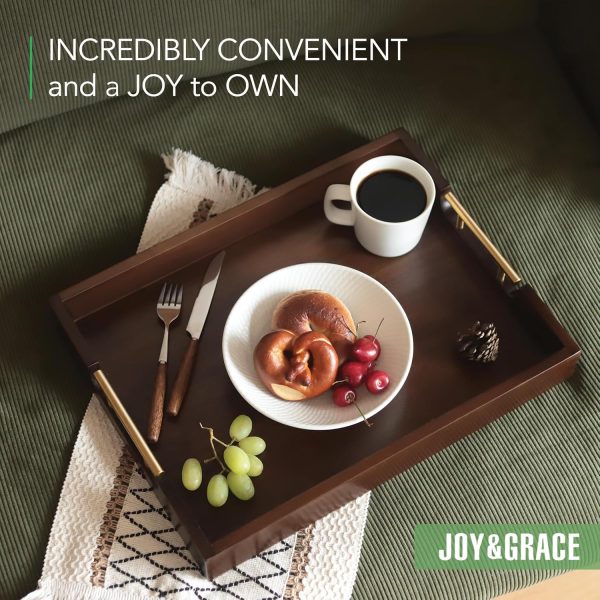 wholesale direct joy&grace acacia wooden serving tray with metal handles 16.8 x 12.8 inch ottoman tray for living room coffee table large wood decorative tray color brown bulk purchase at factory prices