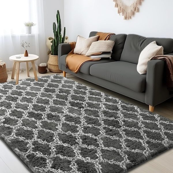 global sourcing plush area rug 4x6 feet high pile rugs for living room, ultra soft indoor carpet for bedroom, playroom, playroom, home decor, geometric, dark grey/white oem/odm services