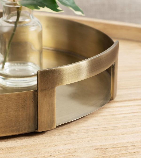 wholesale direct kate and laurel myo transitional metal round tray, 15 x 15, brass, modern glam circular decorative serving tray with handles for storage, display, and decor bulk purchase at factory prices