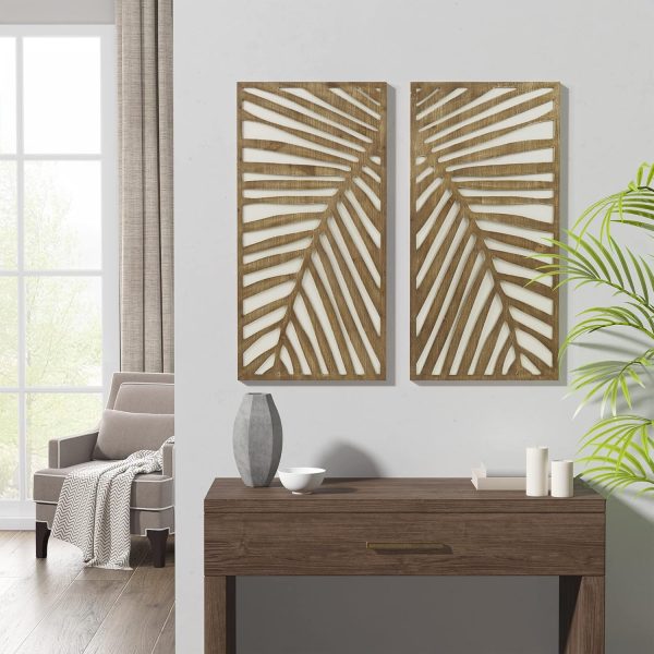 bulk purchase madison park wall art living room décor - birch palms botanical carved design, home accent modern kitchen dining decoration, ready to hang panel for bedroom, 16" w x 32" h, dark brown 2 piece trade price