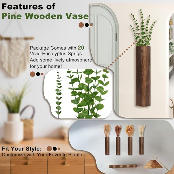 bulk purchase 4 pack wood wall planter with artificial eucalyptus, modern wall decor for living room bedroom bathroom entryway, farmhouse boho wall vases for dried flowers and faux plants trade price
