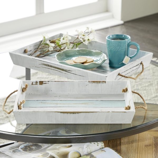 wholesale direct deco 79 wood living room decor tray distressed ottoman tray with blue stripes and jute handles, set of 2 serving tray 18", 15"w, white bulk purchase at factory prices