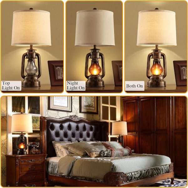 custom wholesale roriano farmhouse lantern table lamps for living room set of 2, vintage bedroom resin lamp with dual usb charging ports, rustic retro bedside nightstand desk lamp, linen fabric shade, 4 bulb included oem/odm services
