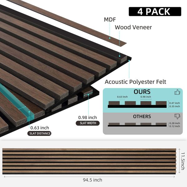 bulk purchase 4 pack wood wall panels, mdf soundproof 3d wall paneling for interior wall decor, wood textured acoustic fluted accent wall panel,sound absorbing,walnut, 94 inch trade price