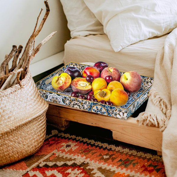 wholesale direct hiceeden set of 2 decorative serving trays with handles, boho tea trays ottoman trays for serving, modern plastic coffee table tray for living room, kitchen, bathroom, rectangle, blue bulk purchase at factory prices