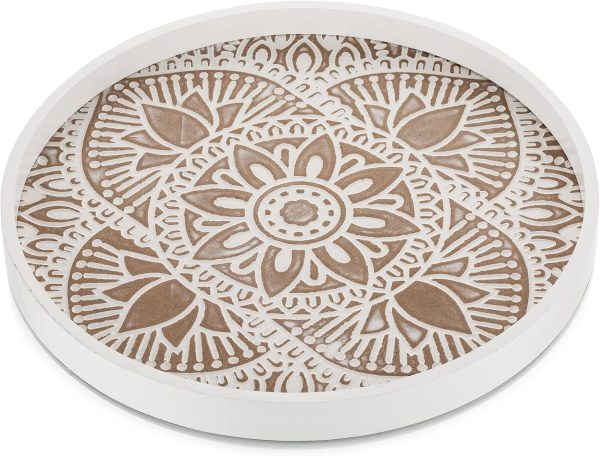 wholesale direct hanobe decorative serving tray round: farmhouse coffee table tray for ottoman boho wooden centerpiece rustic white washed mandala home decor living dining room kitchen counter display bulk purchase at factory prices