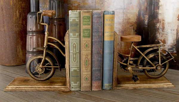 supplier direct deco 79 vintage wood bookends metal cycle pr h-26778, 7"w, 9"h, brass wholesale prices