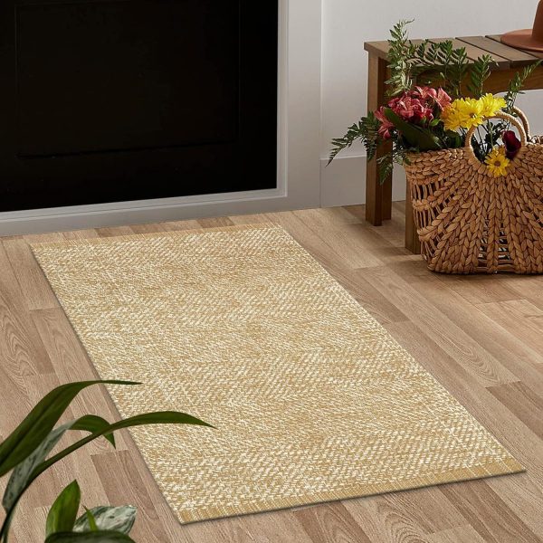 manufacturer direct leevan washable bathroom rug, 2'x3' low profile entryway rug tan front door mat cotton reversible kitchen mat boho bedroom rug farmhouse carpet for foyer front porch decor trade price