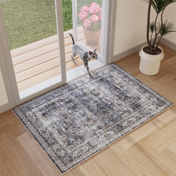 global sourcing 2x3 rug washable boho rug soft small area rug non-slip non-shedding faux wool vintage rug for door mat, kitchen, floor, entryway, powder room (grey and brown) oem/odm services