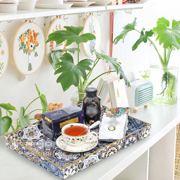wholesale direct hiceeden set of 2 decorative serving trays with handles, boho tea trays ottoman trays for serving, modern plastic coffee table tray for living room, kitchen, bathroom, rectangle, blue bulk purchase at factory prices