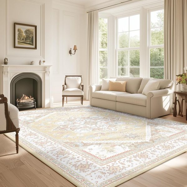 global sourcing bestsweetie area rugs 5x7 rug for living room, washable rug 5x7, non slip water repellent floor carpet, low pile soft vintage rug for bedroom dining room indoor-cream/light yellow/brown/blue/pink/pink oem/odm services