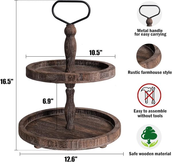 wholesale direct mustry rustic wooden 2 tiered tray, round farmhouse kitchen table decor serving tier tray, food fruits cupcake display coffee bar home party seasonal decorations (brown) bulk purchase at factory prices