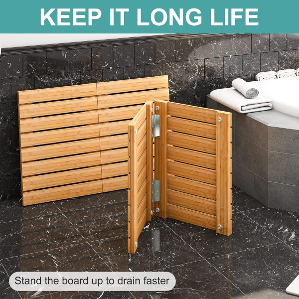 manufacturer direct waterproof bamboo bath mat for shower, wooden floor mat for bathroom, foldable | non-slip | heavy duty, shower mat for indoor outdoor, 23.5in x 15.6in trade price