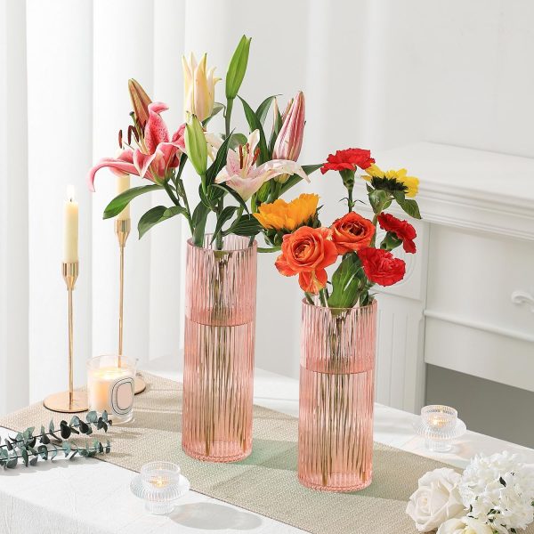 oem/odm services pink glass vase, glass flower vase, ribbed glass vase, pink vase, tall cylinder glass vase for centerpieces, living room, bedroom, dining table, office, wedding, bookshelf decoration,10 inches affordable bulk deals