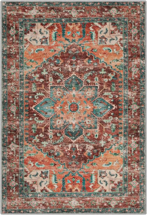 global sourcing washable area rug, 2x3 small entryway rug non-slip boho vintage rug with rubber backing, low pile faux wool soft distressed rug floor carpet for indoor door mat, kitchen, laundry bathroom oem/odm services