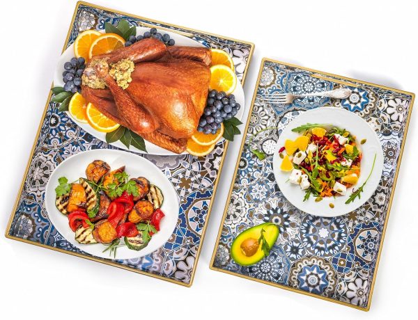 wholesale direct hiceeden set of 2 decorative serving trays with handles, boho tea trays ottoman trays for serving, modern plastic coffee table tray for living room, kitchen, bathroom, rectangle, blue bulk purchase at factory prices