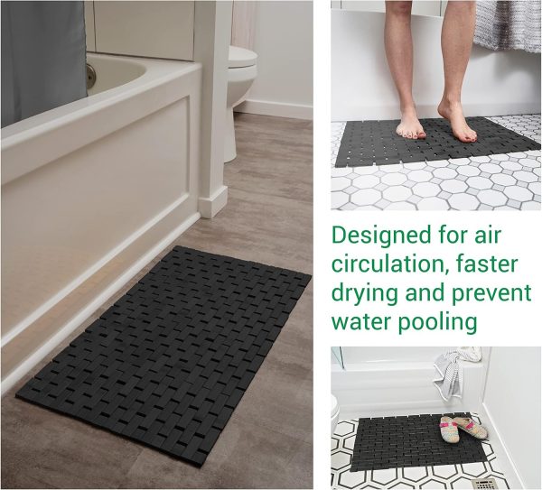 manufacturer direct bamboo bath mat - black coated, stain proof [16x24-inch wxl - bathroom floor, tub step, spa, sauna mat - great under pad for rugs, air flow, quick dry - foldable bathmat trade price