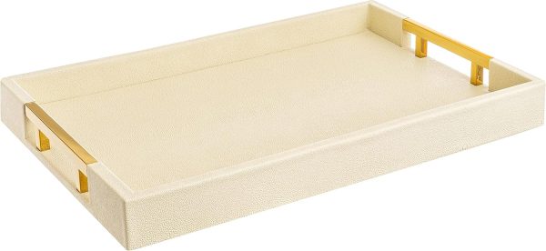 wholesale direct modern elegant 18"x12" rectangle cream glossy shagreen decorative serving tray with gold polished metal handles by home redefined for all occasion's bulk purchase at factory prices