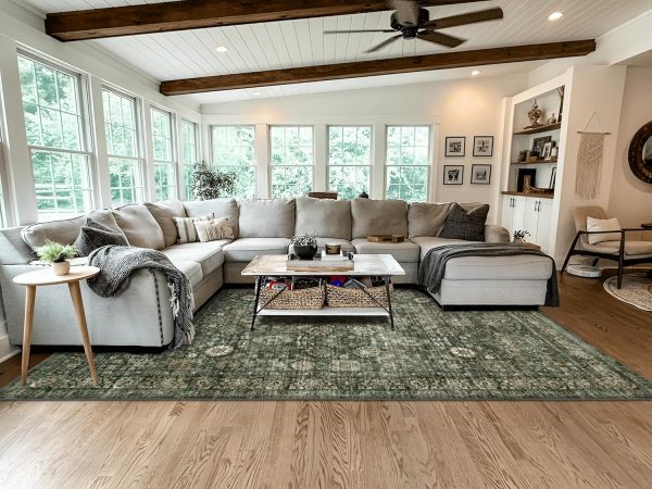 global sourcing morebes vintage dark green living room rug, 9x12 area rug large washable rugs for bedroom, soft dining room carpet non-slip non-shedding throw rug for farmhouse indoor kids playroom oem/odm services