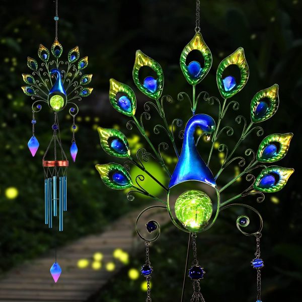 producer to buyer pearlstar solar wind chimes outdoor, 53.5" large peacock wind chimes light with crackle glass ball, waterproof colorful metal peacock wind chimes for garden patio yard home decor memorial gift… discounted pricing