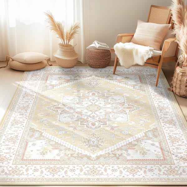 global sourcing bestsweetie area rugs 5x7 rug for living room, washable rug 5x7, non slip water repellent floor carpet, low pile soft vintage rug for bedroom dining room indoor-cream/light yellow/brown/blue/pink/pink oem/odm services