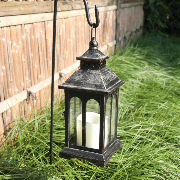 custom wholesale decorkey candle lantern decorative indoor & outdoor, christmas vintage metal hanging lanterns decor for front porch home patio wedding party, halloween decorations (black with copper brush) oem/odm services