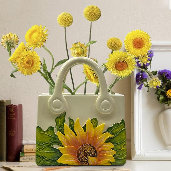 oem/odm services small purse vase for flowers - sunflower cute mini handbag flower vase for organic modern table centerpiece decor, unique beige resin white vase for party/kitchen/neutral/bedroom affordable bulk deals