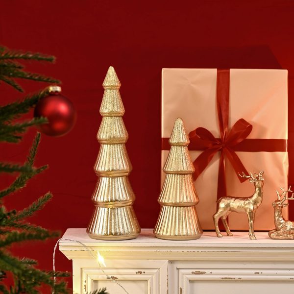dropship from factory wooden christmas tree figurine, 2pcs gold tree figurines, decorative trees for tabletop, small glittered golden xmas tree figurines for christmas mantle indoor decor mass production supply