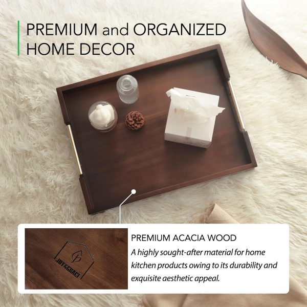 wholesale direct joy&grace acacia wooden serving tray with metal handles 16.8 x 12.8 inch ottoman tray for living room coffee table large wood decorative tray color brown bulk purchase at factory prices