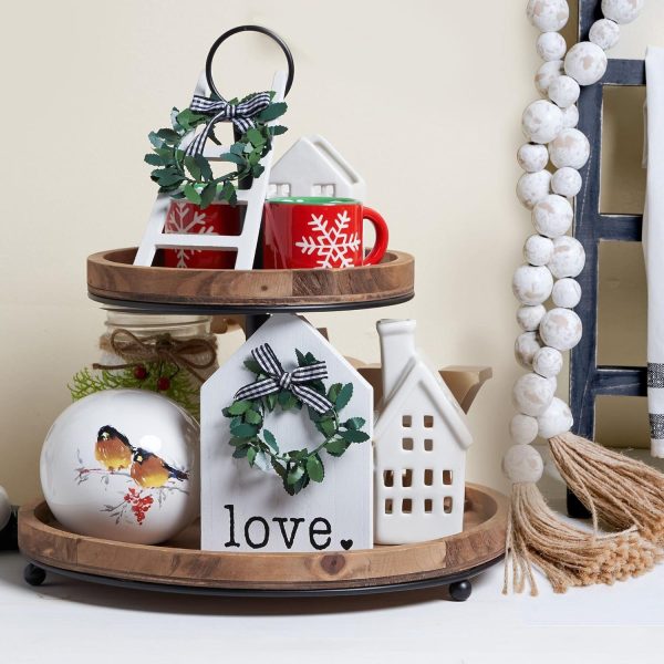 wholesale direct genmous & co. farmhouse tiered tray decor with distressed wood bead garland, decorative 2 tiered serving tray with metal handle for rustic home décor bulk purchase at factory prices