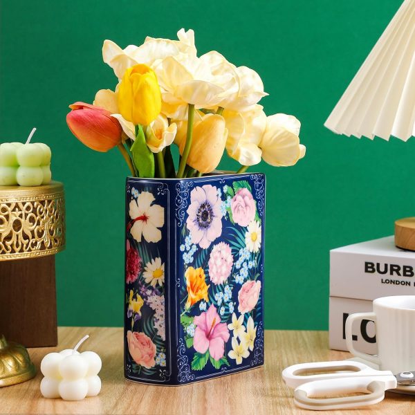 oem/odm services uiifan book shaped small flower vase decorative ceramic vases cute home decor for bookshelf dining table desk office home decor unique vase for book lovers (retro flowers) affordable bulk deals